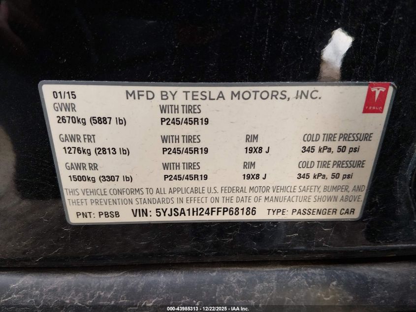 2015 Tesla Model S 70D/85D/P85D VIN: 5YJSA1H24FFP68186 Lot: 43985313