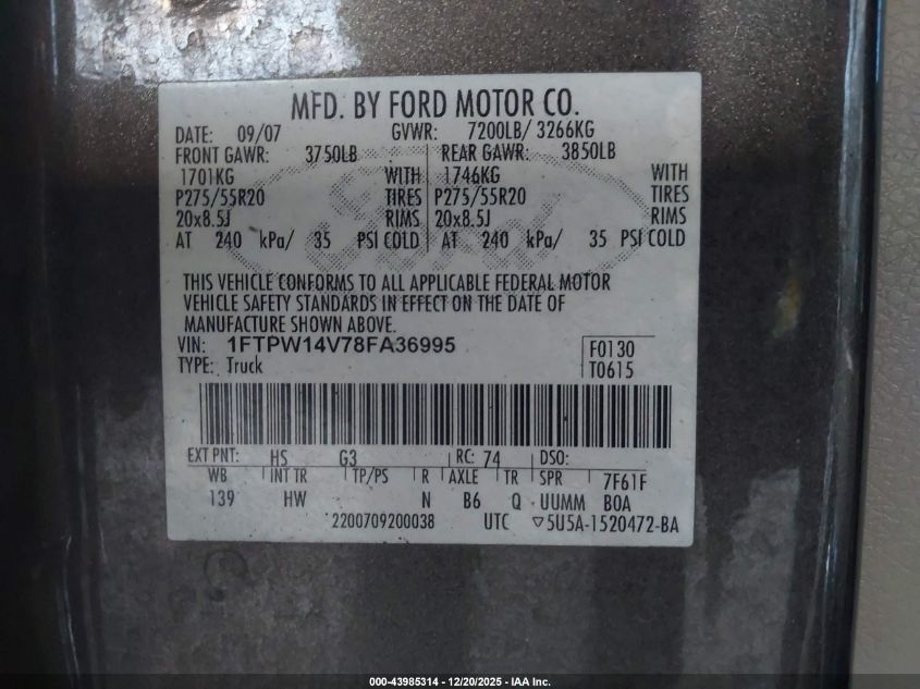 2008 Ford F-150 60Th Anniversary/Fx4/King Ranch/Lariat/Xlt VIN: 1FTPW14V78FA36995 Lot: 43985314