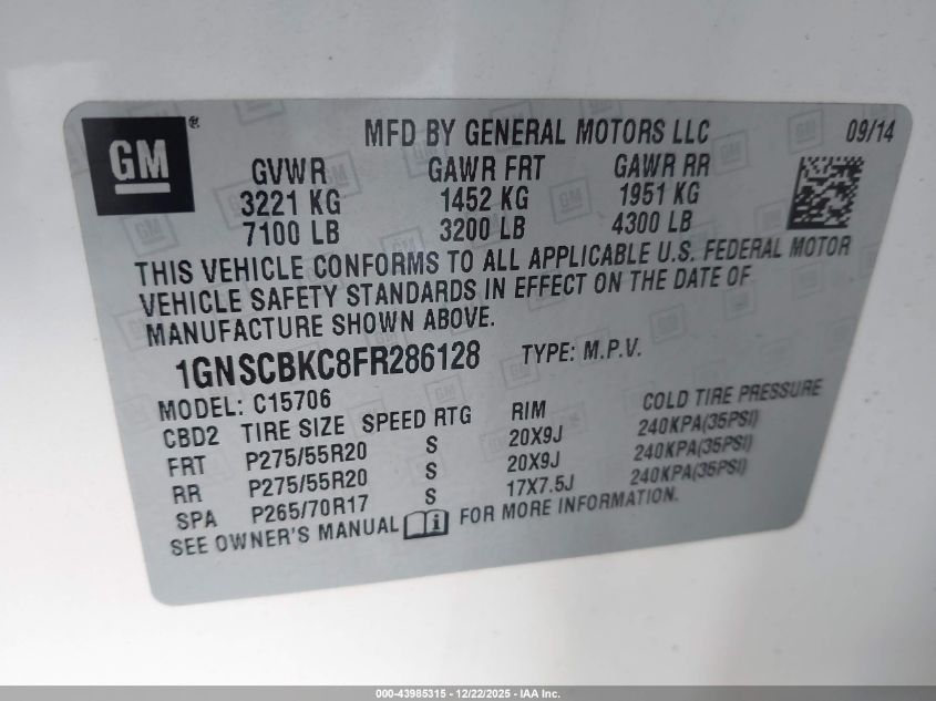 2015 Chevrolet Tahoe Lt VIN: 1GNSCBKC8FR286128 Lot: 43985315