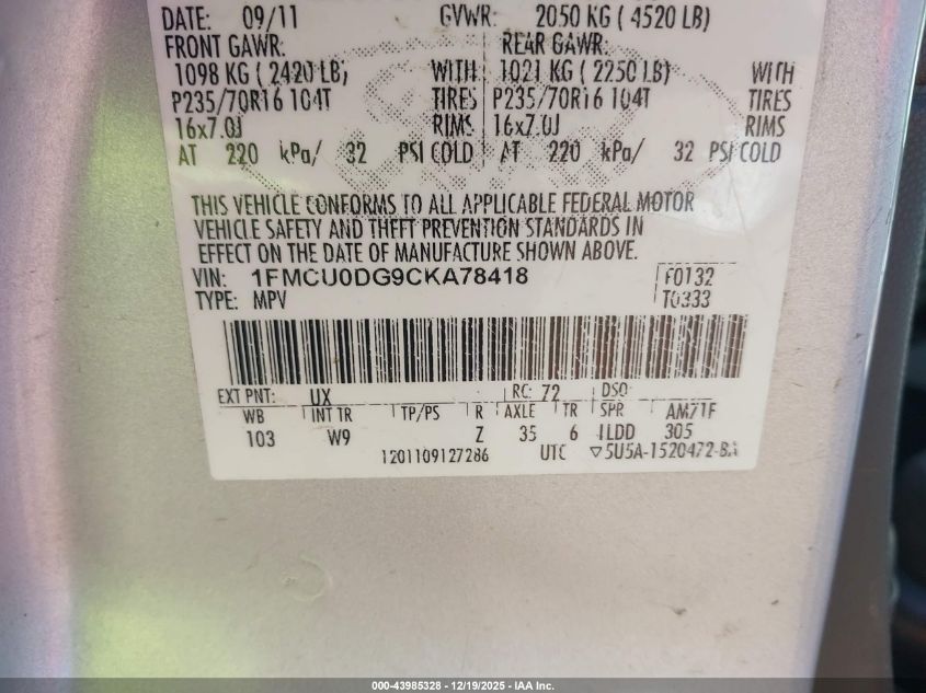 2012 Ford Escape Xlt VIN: 1FMCU0DG9CKA78418 Lot: 43985328