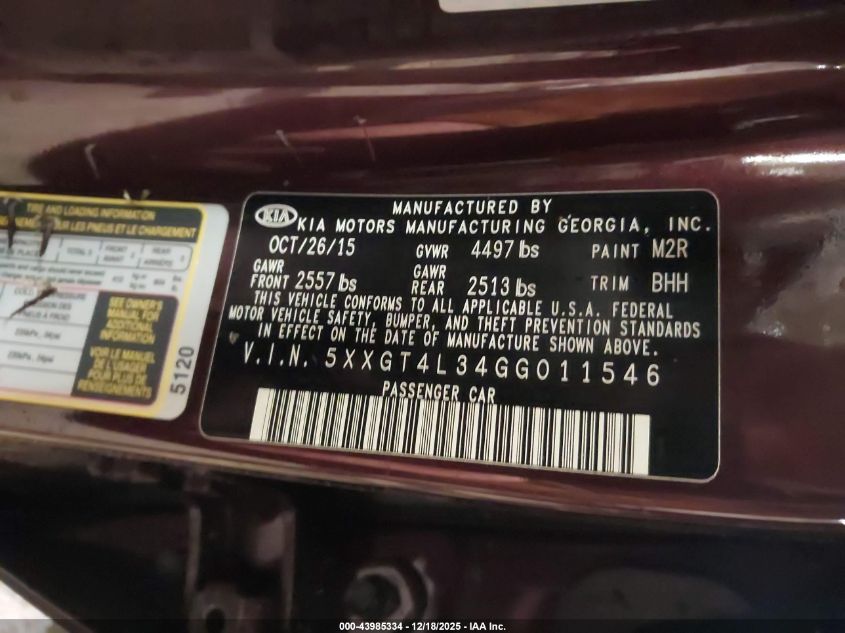 2016 Kia Optima Lx VIN: 5XXGT4L34GG011546 Lot: 43985334