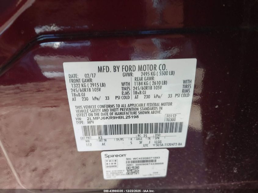 2017 Lincoln Mkx Select VIN: 2LMPJ6KR9HBL25198 Lot: 43985335