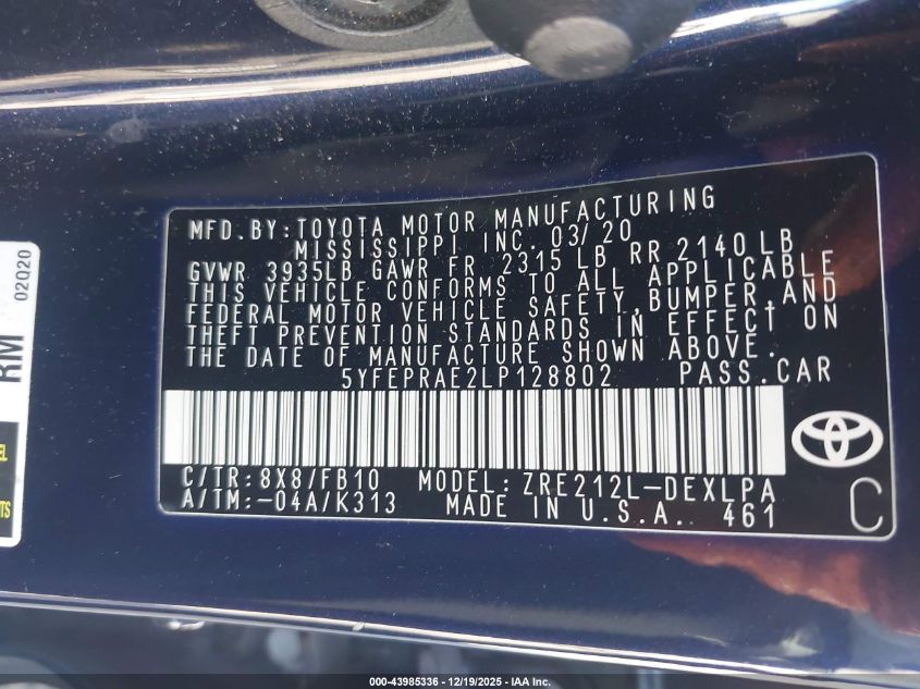 2020 Toyota Corolla Le VIN: 5YFEPRAE2LP128802 Lot: 43985336