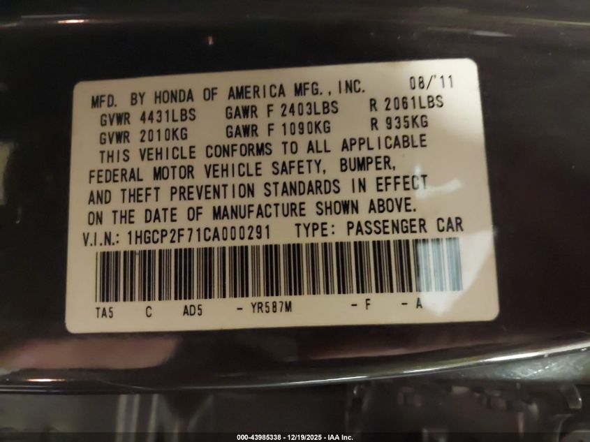 2012 Honda Accord Ex VIN: 1HGCP2F71CA000291 Lot: 43985338