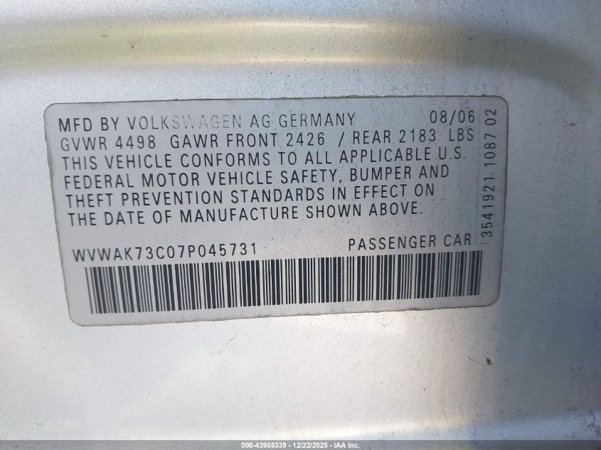 2007 Volkswagen Passat 2.0T/Wolfsburg Edition VIN: WVWAK73C07P045731 Lot: 43985339