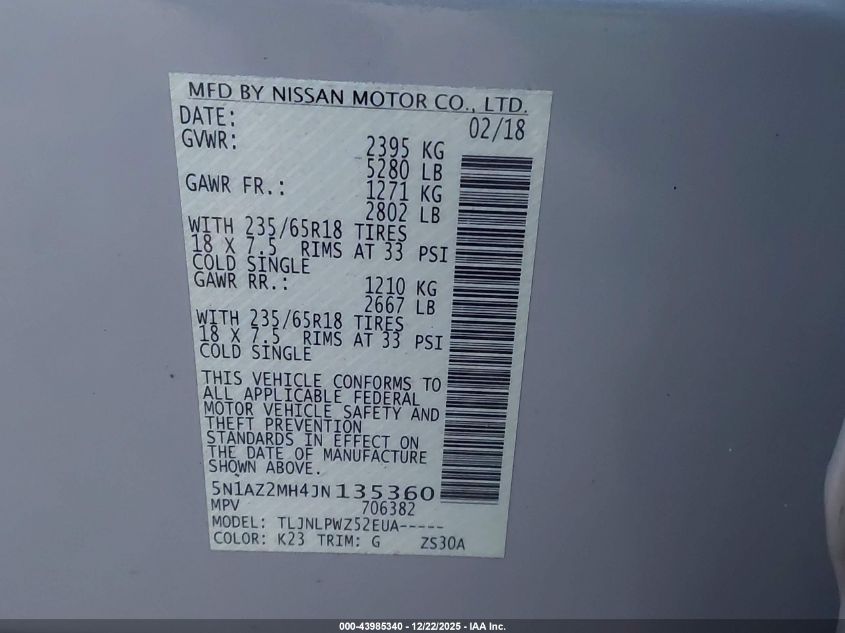 2018 Nissan Murano S VIN: 5N1AZ2MH4JN135360 Lot: 43985340