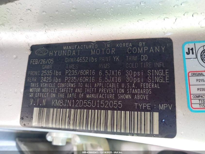 2005 Hyundai Tucson Gls/Lx VIN: KM8JN12D55U152055 Lot: 43985341