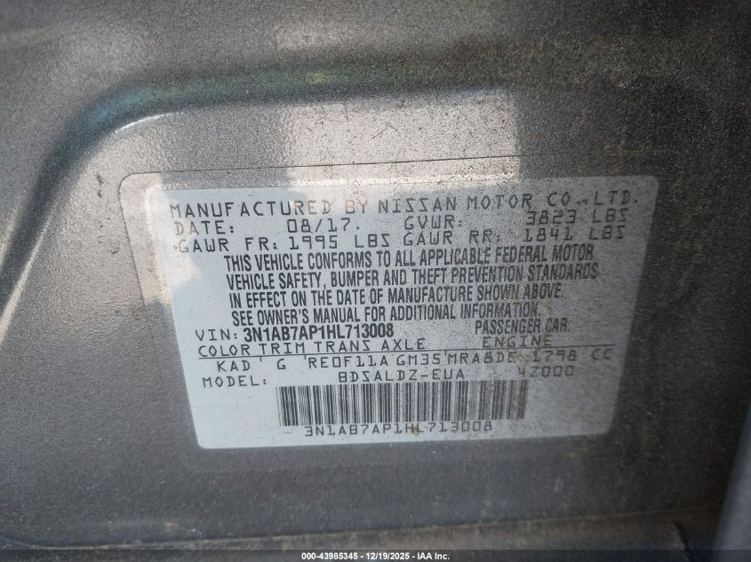 2017 Nissan Sentra Sv VIN: 3N1AB7AP1HL713008 Lot: 43985345