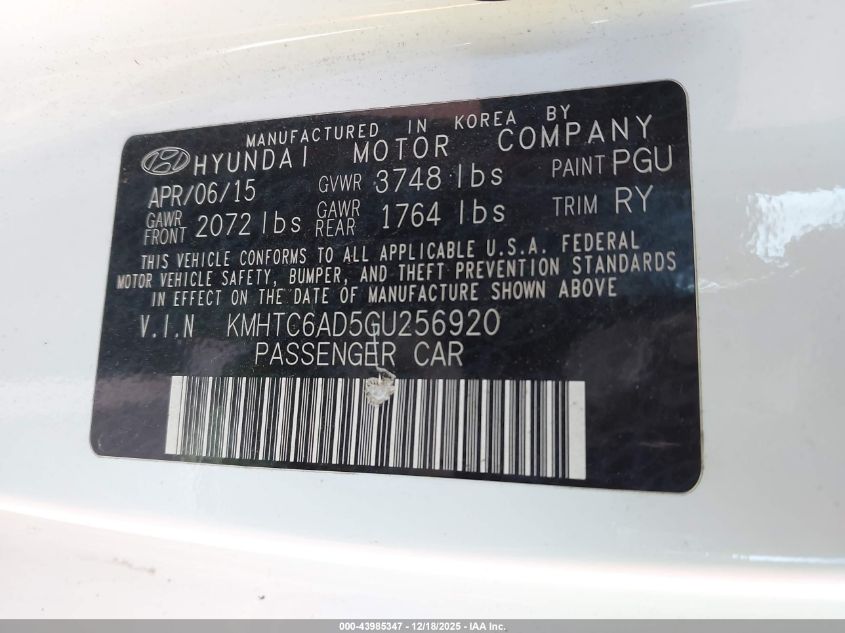 2016 Hyundai Veloster VIN: KMHTC6AD5GU256920 Lot: 43985347