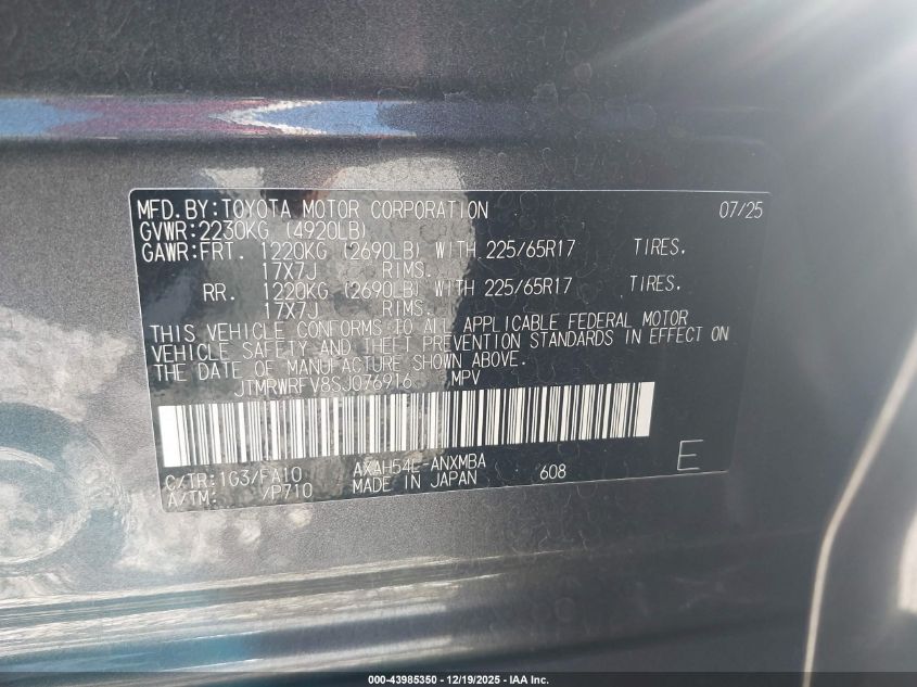 2025 Toyota Rav4 Hybrid Xle VIN: JTMRWRFV8SJ076916 Lot: 43985350