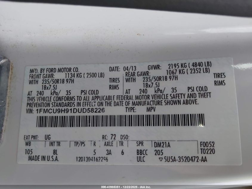 2013 Ford Escape Sel VIN: 1FMCU9H91DUD58226 Lot: 43985351