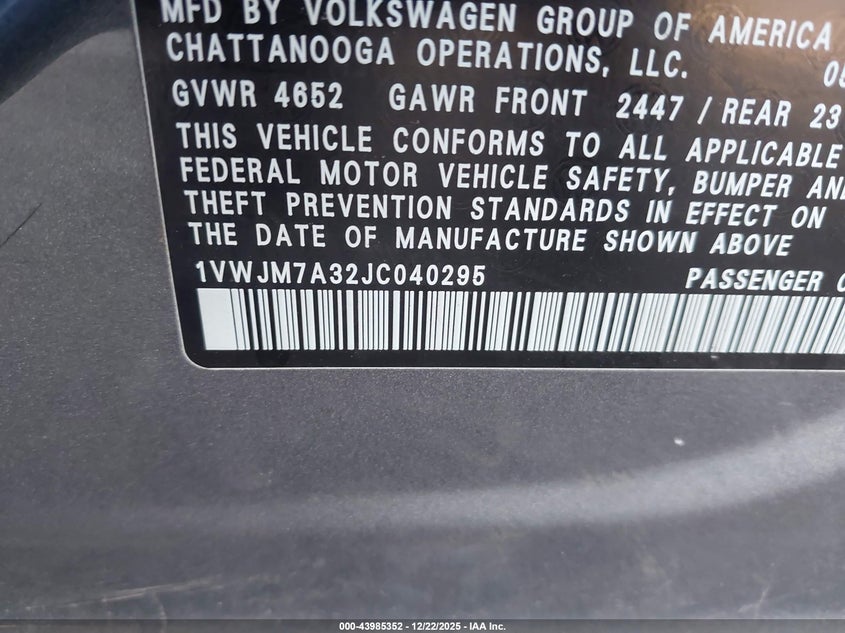 VIN 1VWJM7A32JC040295 2018 VOLKSWAGEN PASSAT 3.6L V6 GT