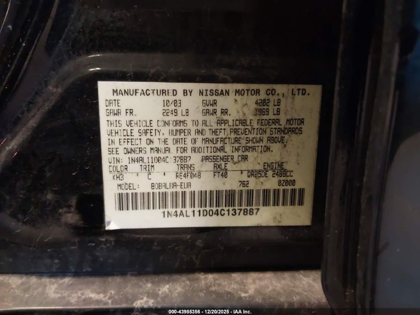 2004 Nissan Altima 2.5 Sl VIN: 1N4AL11D04C137887 Lot: 43985356