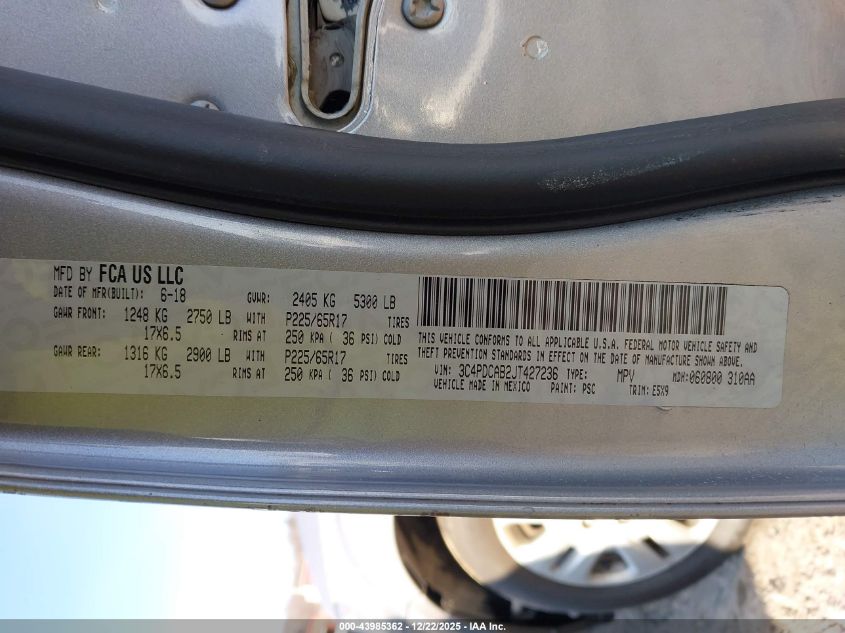 2018 Dodge Journey Se VIN: 3C4PDCAB2JT427236 Lot: 43985362