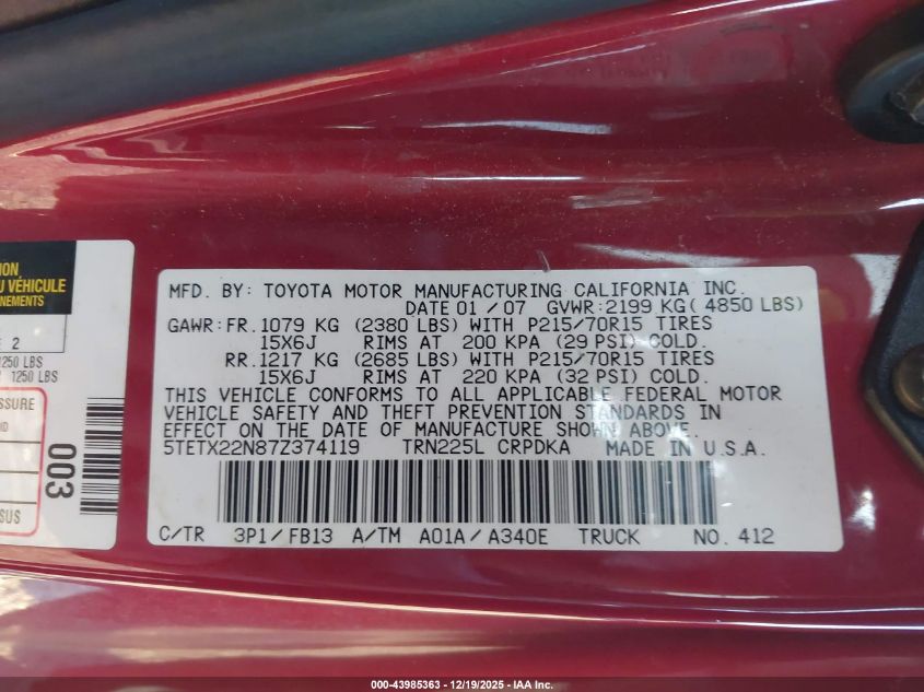 2007 Toyota Tacoma VIN: 5TETX22N87Z374119 Lot: 43985363