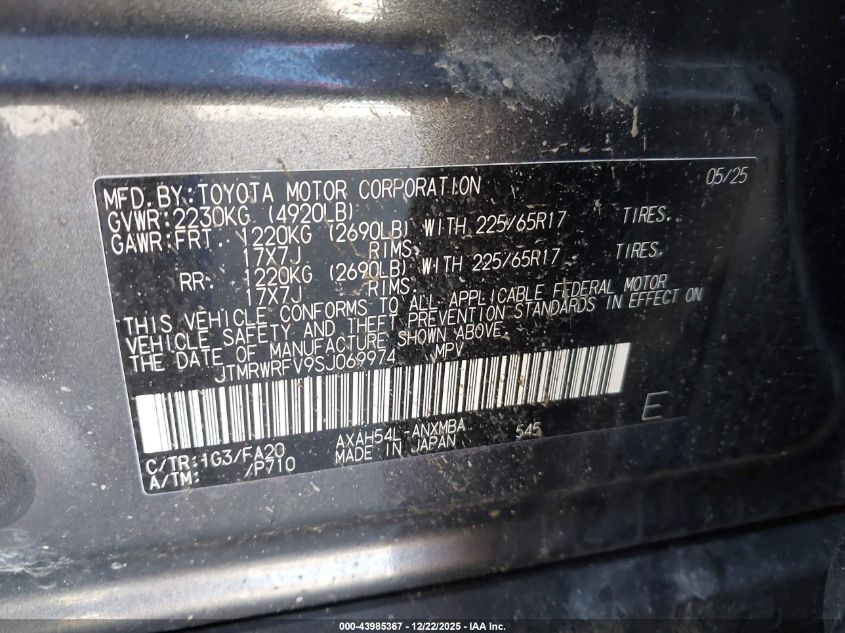 2025 Toyota Rav4 Hybrid Xle VIN: JTMRWRFV9SJ069974 Lot: 43985367