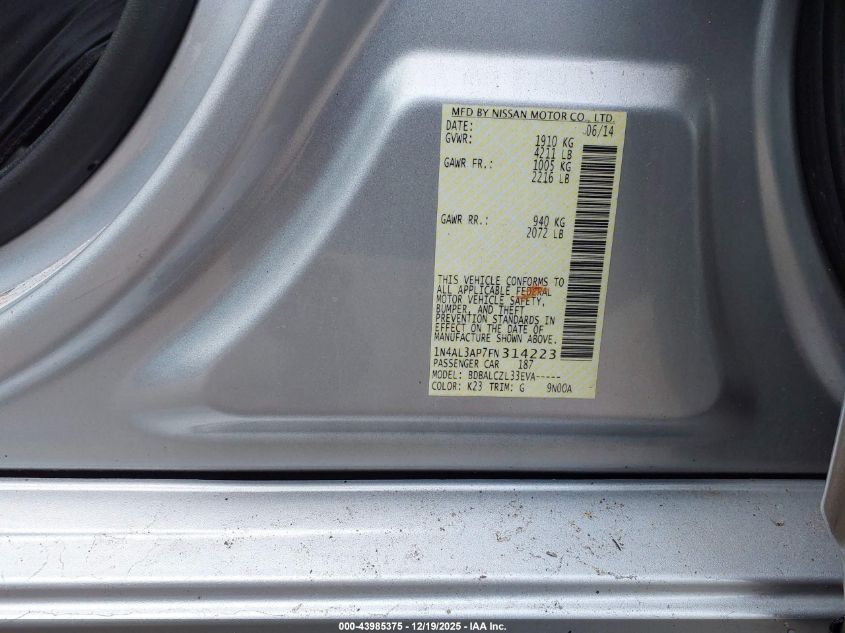 2015 Nissan Altima 2.5/2.5 S/2.5 Sl/2.5 Sv VIN: 1N4AL3AP7FN314223 Lot: 43985375