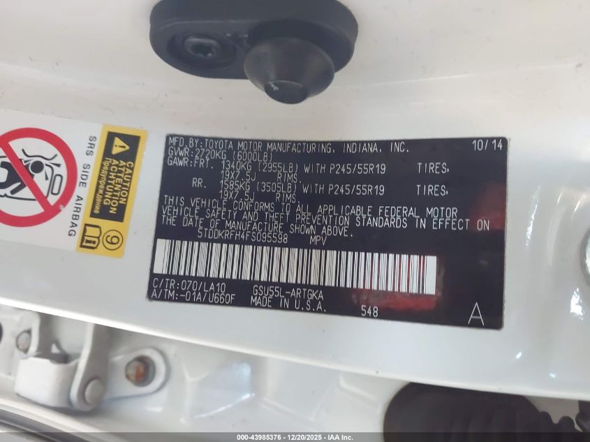 2015 Toyota Highlander Limited V6 VIN: 5TDDKRFH4FS095598 Lot: 43985376