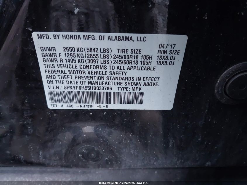 2017 Honda Pilot Ex-L VIN: 5FNYF6H55HB033786 Lot: 43985378