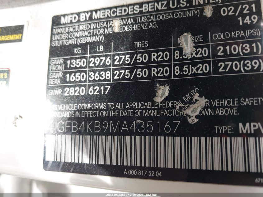 2021 Mercedes-Benz Gle 350 4Matic VIN: 4JGFB4KB9MA435167 Lot: 43985386