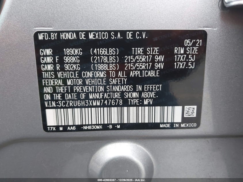 2021 Honda Hr-V Awd Lx VIN: 3CZRU6H3XMM747678 Lot: 43985387