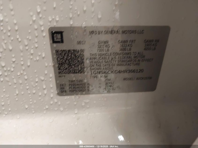 2017 Chevrolet Tahoe Premier VIN: 1GNSKCKC4HR366120 Lot: 43985400