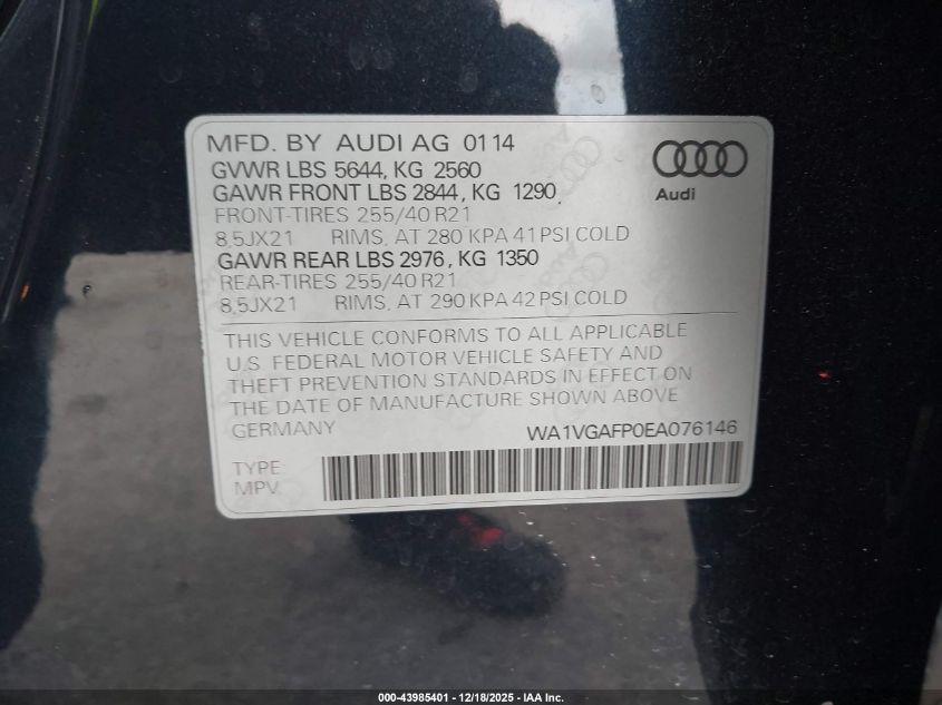 2014 Audi Sq5 3.0T Premium Plus VIN: WA1VGAFP0EA076146 Lot: 43985401