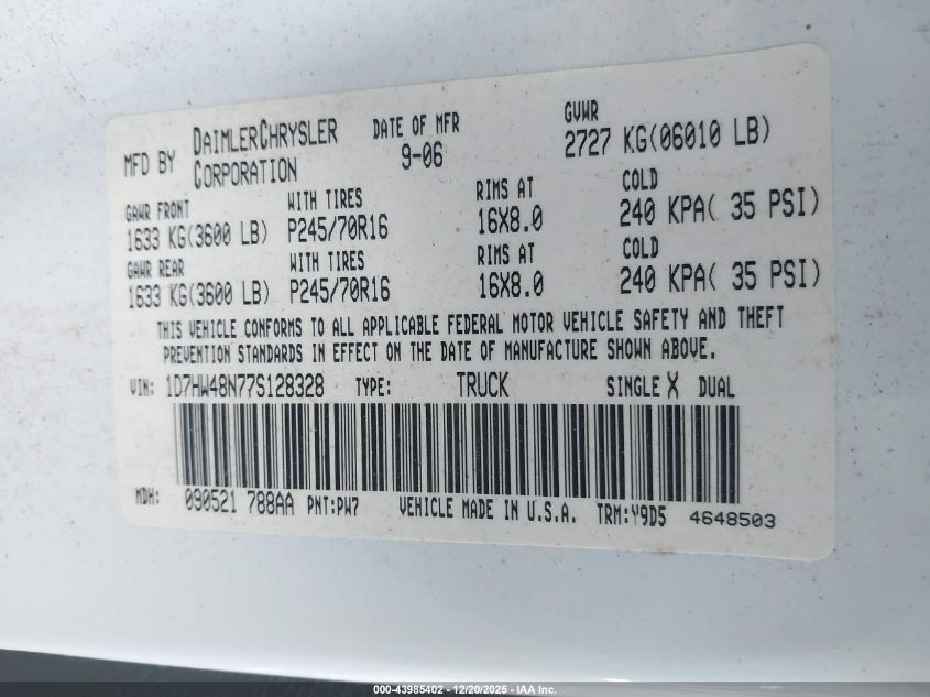2007 Dodge Dakota Slt VIN: 1D7HW48N77S128328 Lot: 43985402