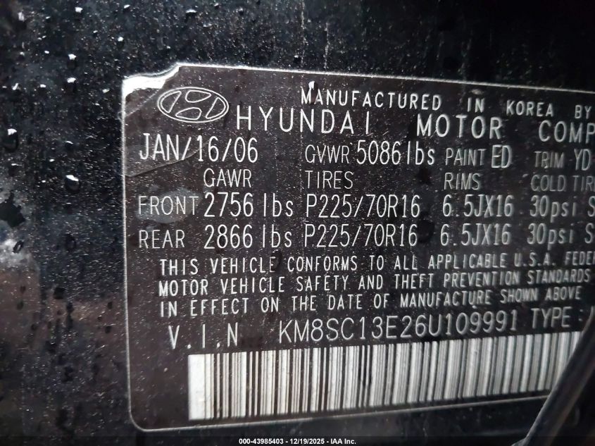 2006 Hyundai Santa Fe Gls/Limited VIN: KM8SC13E26U109991 Lot: 43985403