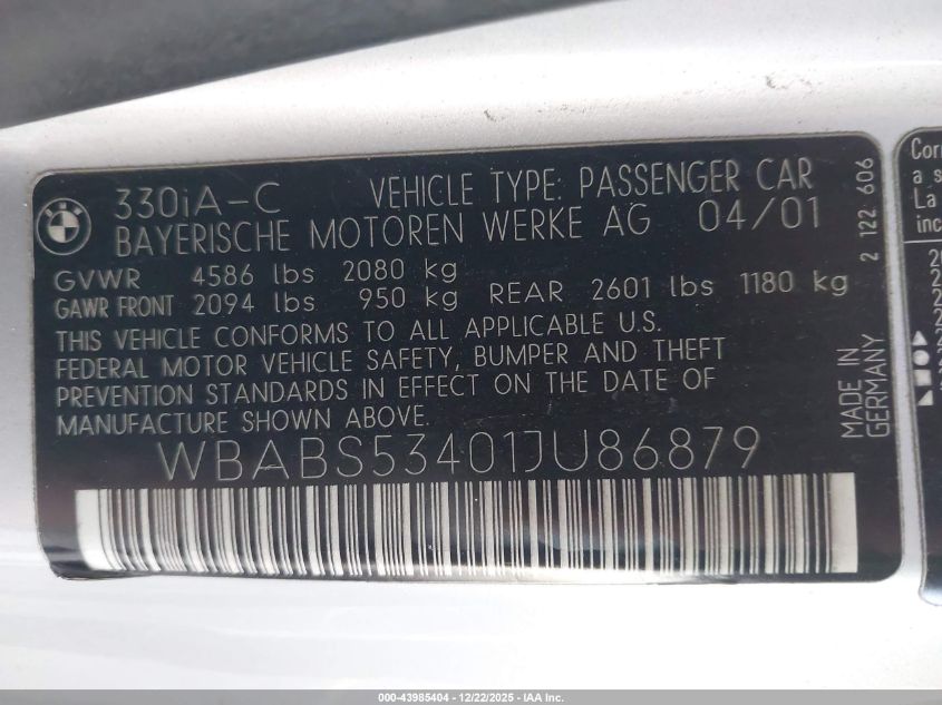 2001 BMW 330Ci VIN: WBABS53401JU86879 Lot: 43985404