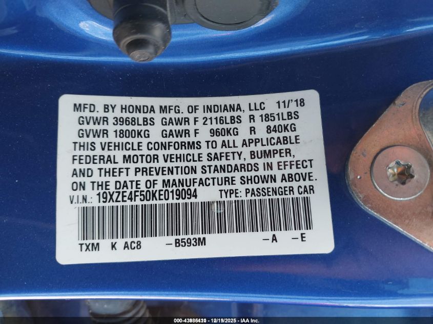 2019 Honda Insight Ex VIN: 19XZE4F50KE019094 Lot: 43985410