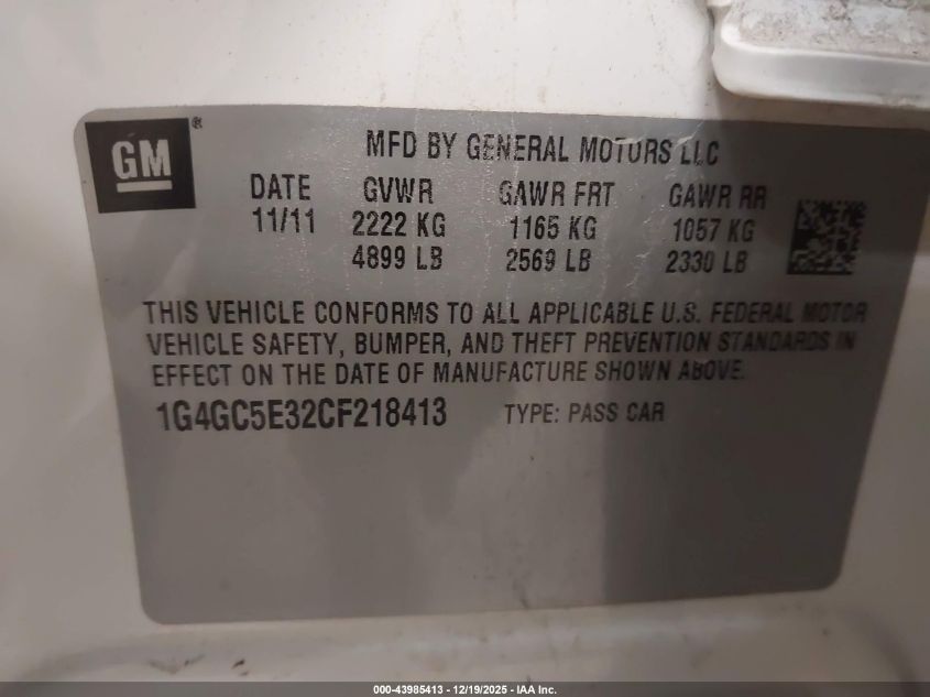 2012 Buick Lacrosse Leather Group VIN: 1G4GC5E32CF218413 Lot: 43985413