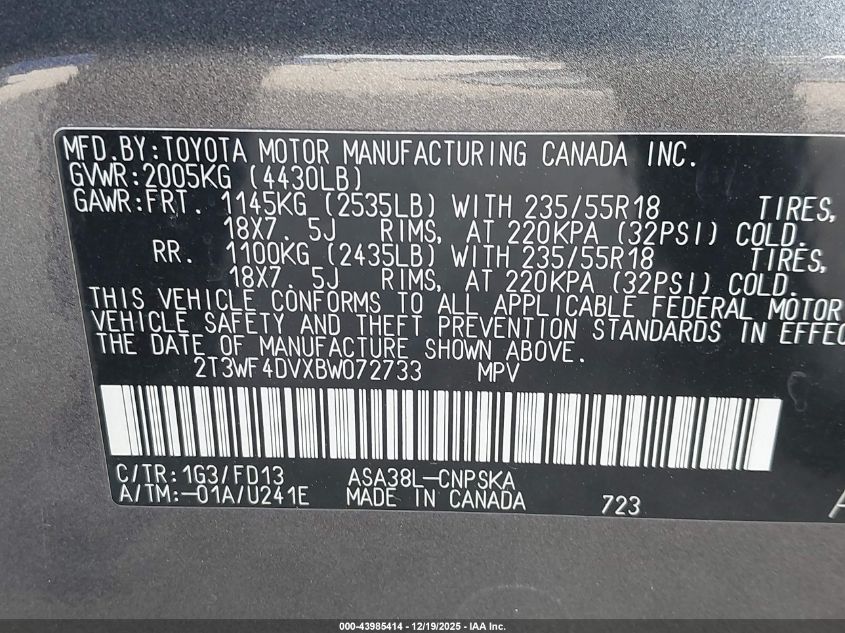 2011 Toyota Rav4 Sport VIN: 2T3WF4DVXBW072733 Lot: 43985414