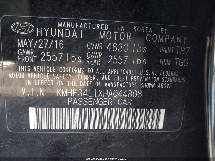 2017 Hyundai Sonata Hybrid Limited VIN: KMHE34L1XHA044808 Lot: 43985416