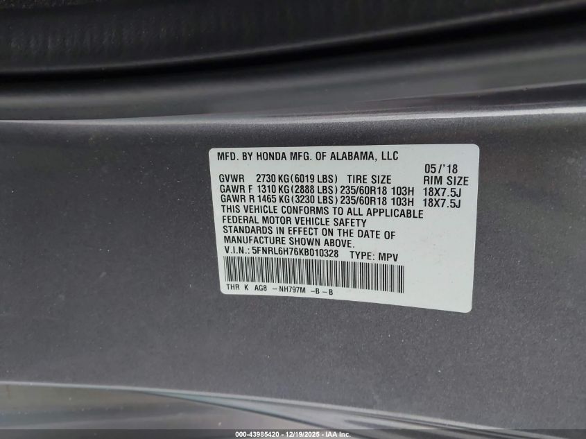 2019 Honda Odyssey Ex-L VIN: 5FNRL6H76KB010328 Lot: 43985420