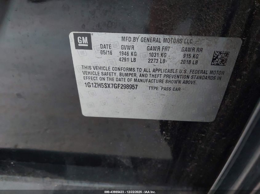 2016 Chevrolet Malibu Premier VIN: 1G1ZH5SX7GF298957 Lot: 43985423