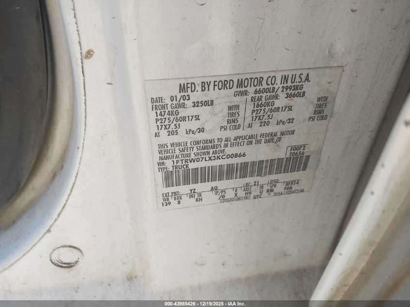 2003 Ford F-150 Lariat/Xlt VIN: 1FTRW07LX3KC00866 Lot: 43985426