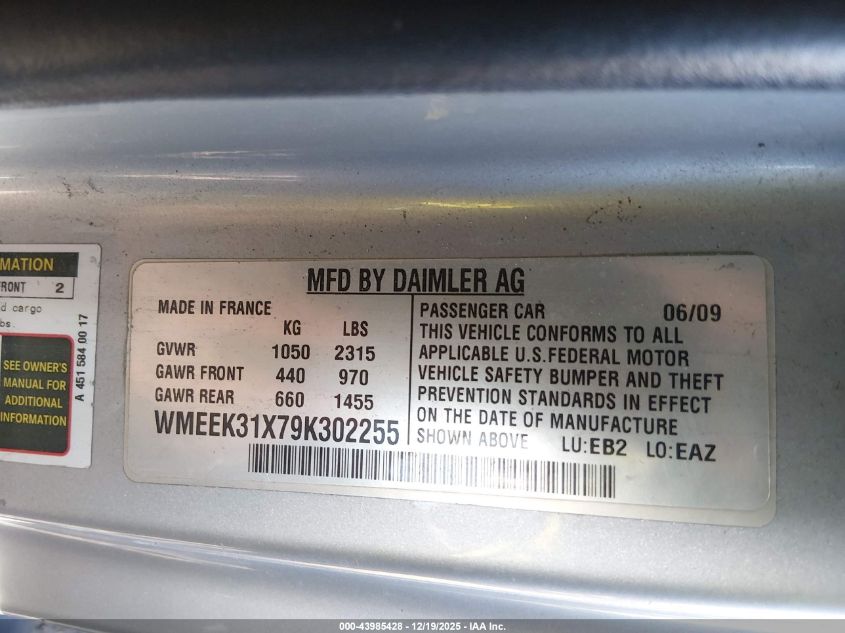 2009 Smart Fortwo Brabus/Passion VIN: WMEEK31X79K302255 Lot: 43985428