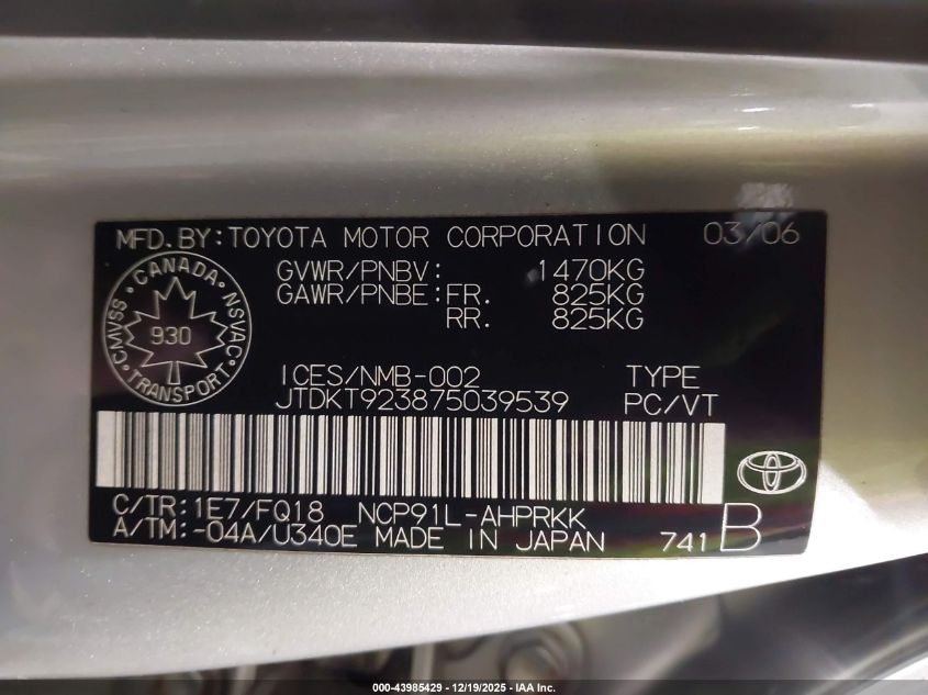 2007 Toyota Yaris Le/Rs VIN: JTDKT923875039539 Lot: 43985429