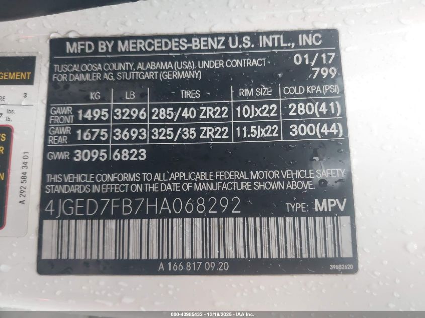 2017 Mercedes-Benz Amg Gle 63 Coupe S 4Matic VIN: 4JGED7FB7HA068292 Lot: 43985432