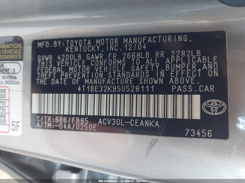 2005 Toyota Camry Le VIN: 4T1BE32K95U528111 Lot: 43985439