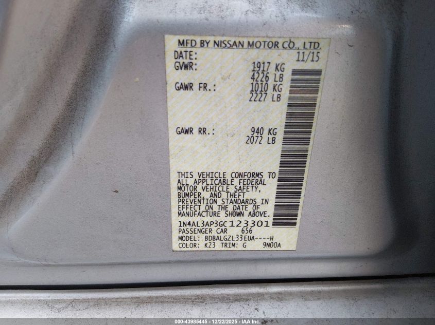 2016 Nissan Altima 2.5 S VIN: 1N4AL3AP3GC123301 Lot: 43985445