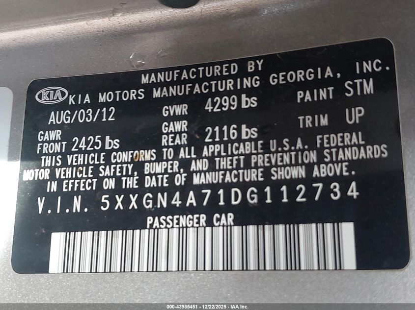 2013 Kia Optima Ex VIN: 5XXGN4A71DG112734 Lot: 43985451