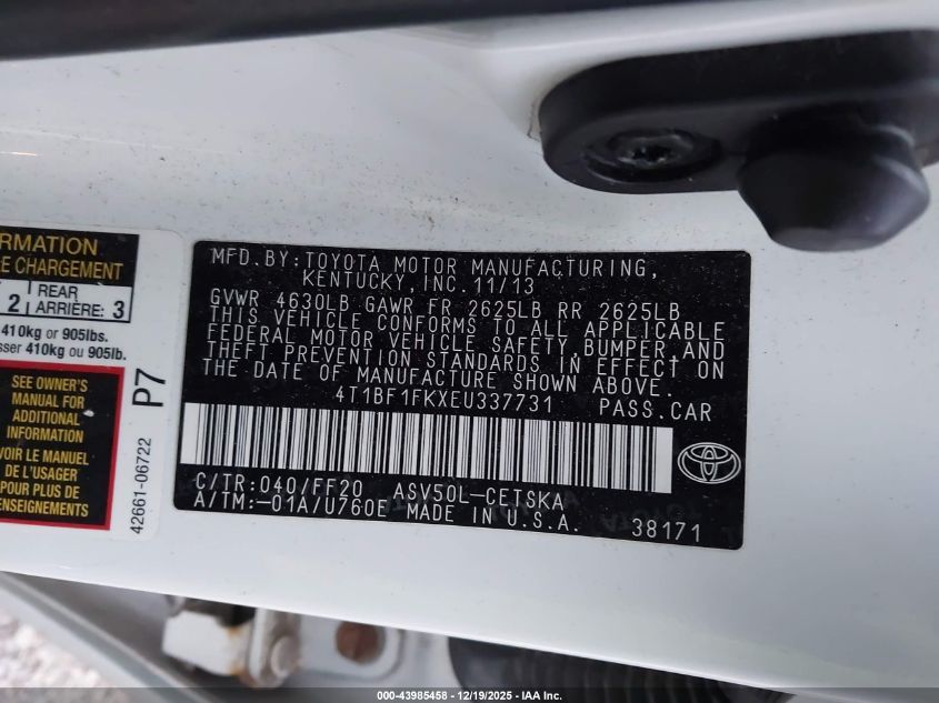 2014 Toyota Camry Se VIN: 4T1BF1FKXEU337731 Lot: 43985458