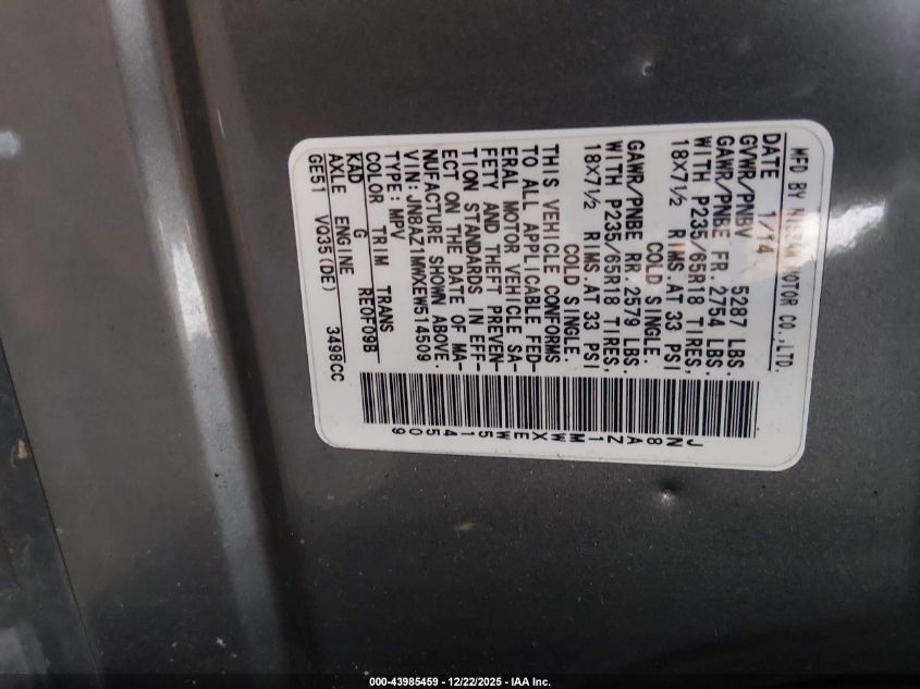 2014 Nissan Murano Sv VIN: JN8AZ1MWXEW514509 Lot: 43985459