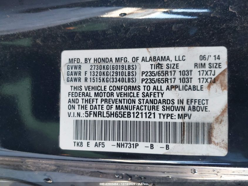 2014 Honda Odyssey Ex-L VIN: 5FNRL5H65EB121121 Lot: 43985464