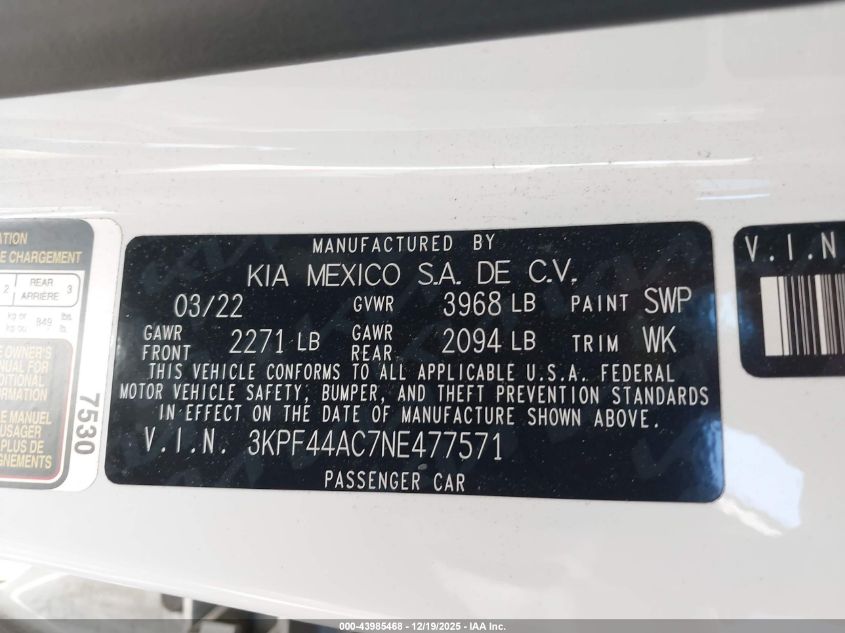 2022 Kia Forte Gt VIN: 3KPF44AC7NE477571 Lot: 43985468
