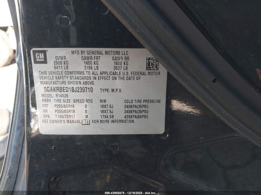 2011 Buick Enclave 1Xl VIN: 5GAKRBED1BJ239710 Lot: 43985475