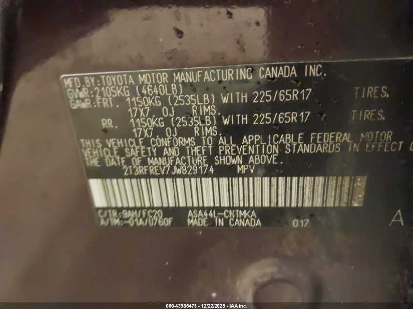 2018 Toyota Rav4 Xle VIN: 2T3RFREV7JW829174 Lot: 43985476