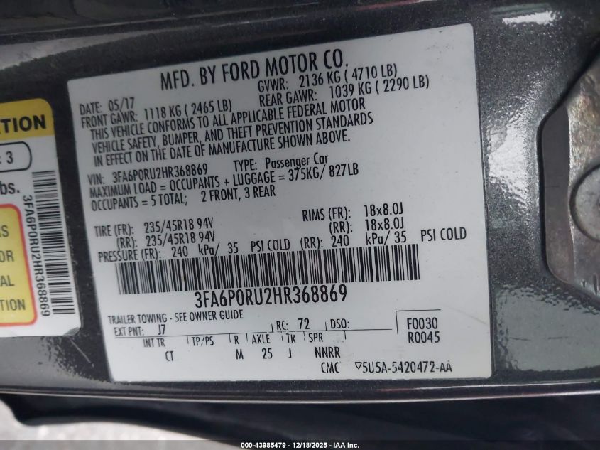 2017 Ford Fusion Hybrid Titanium VIN: 3FA6P0RU2HR368869 Lot: 43985479